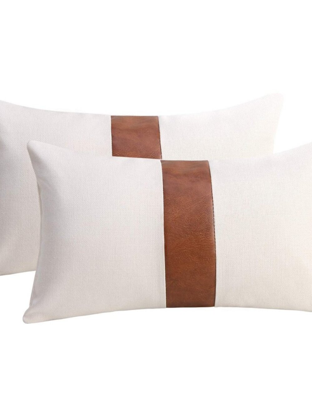 Set of 2 White Linen Patchwork Faux Leather Throw Lumbar Pillow Covers for Couch